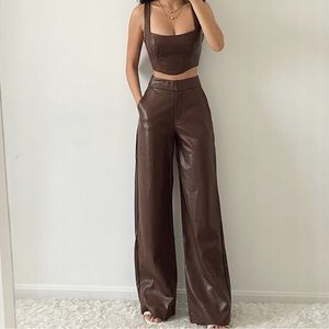 New Showpo brown faux leather corset and wide leg pants